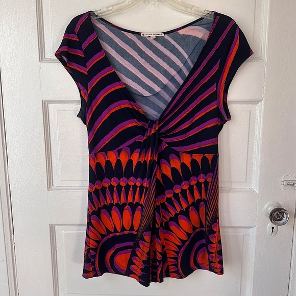 Vintage Y2K Nannette Lepore Babydoll Blouse L Stretch Gathered V-Neck Retro - Picture 6 of 16